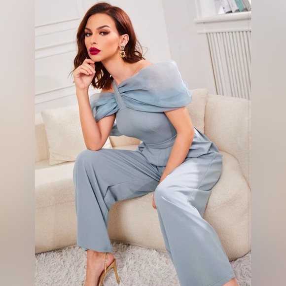 SHEIN Asymmetrical Neck Mesh Insert Fold Pleated Wide Leg Jumpsuit - Picture 2 of 4